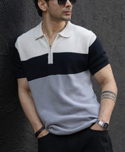 Grey & Navy Knit Stripe T-Shirt.