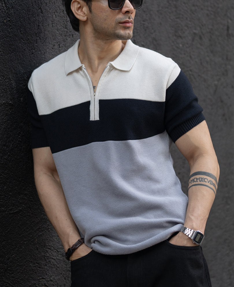 Grey & Navy Knit Stripe T-Shirt.