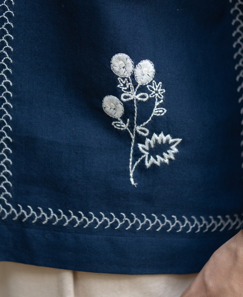 Navy Embrpoidery Linen Blend Shirt.