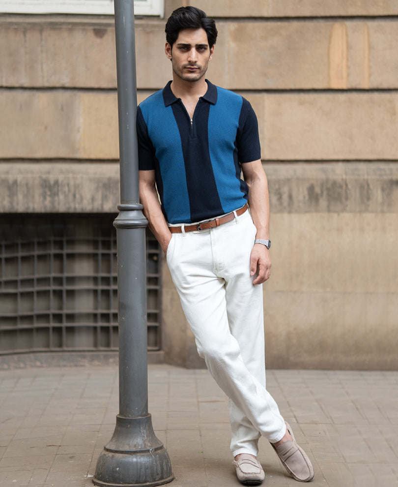 Dark Blue Stripe Knit T-Shirt.