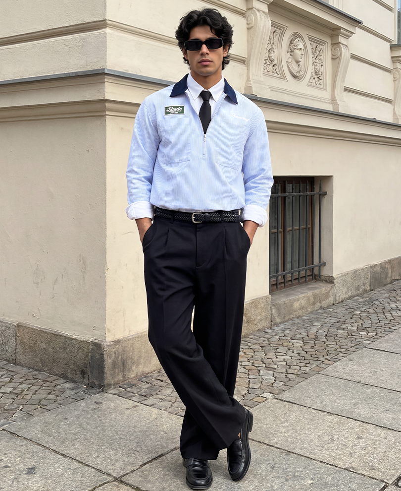 Blue Stripe Contrast Collar Zipper Shirt