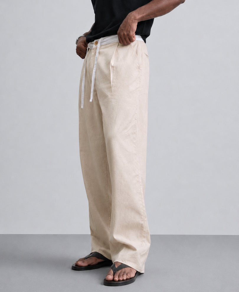 Beige Contrast Belt Linen Trouser