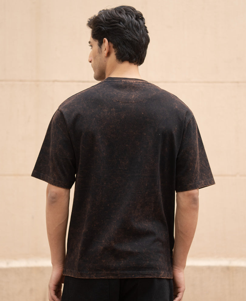 Dark Brown Washed Printed Oversized T-Shirt.