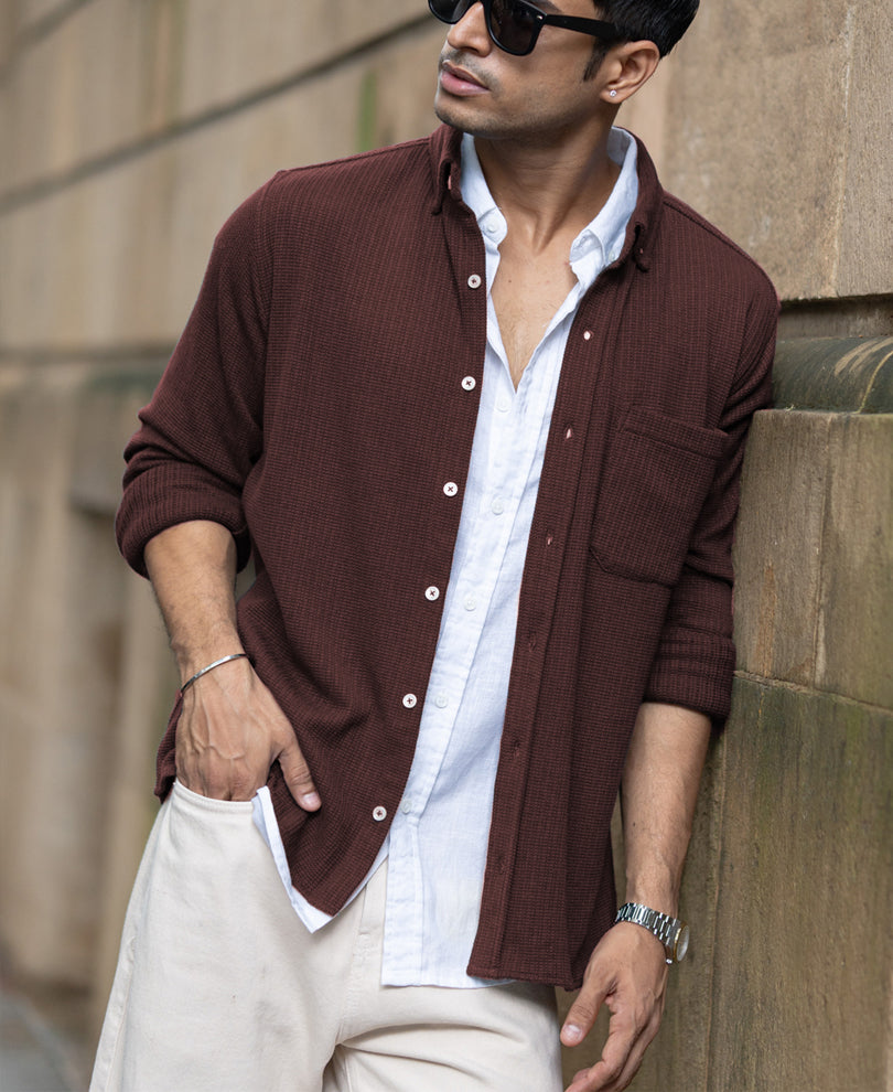 Coffee Structured Knit Shirt.