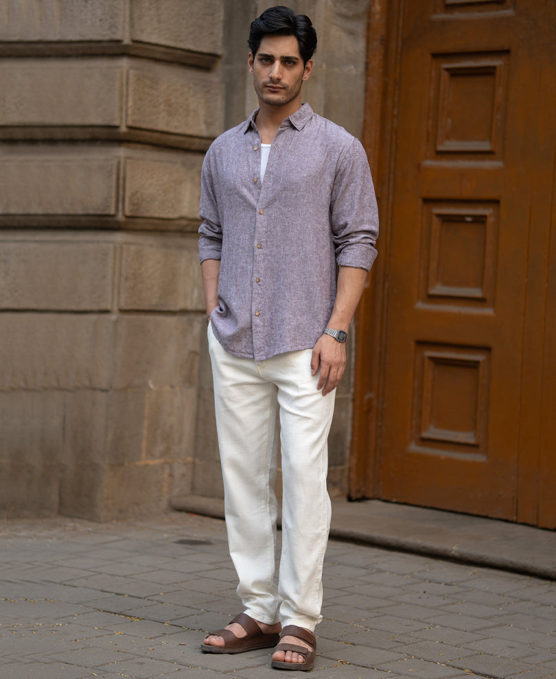 Brown Linen Blend Slub Shirt.