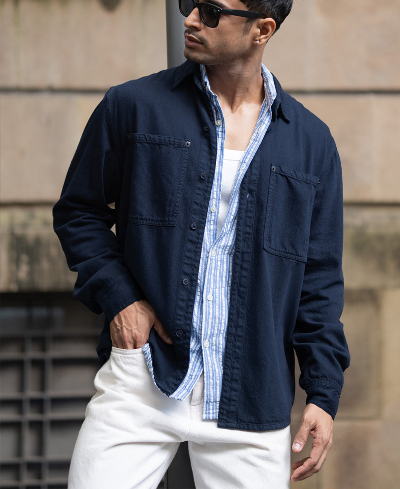 Navy Overdyed Twill Overshirt.