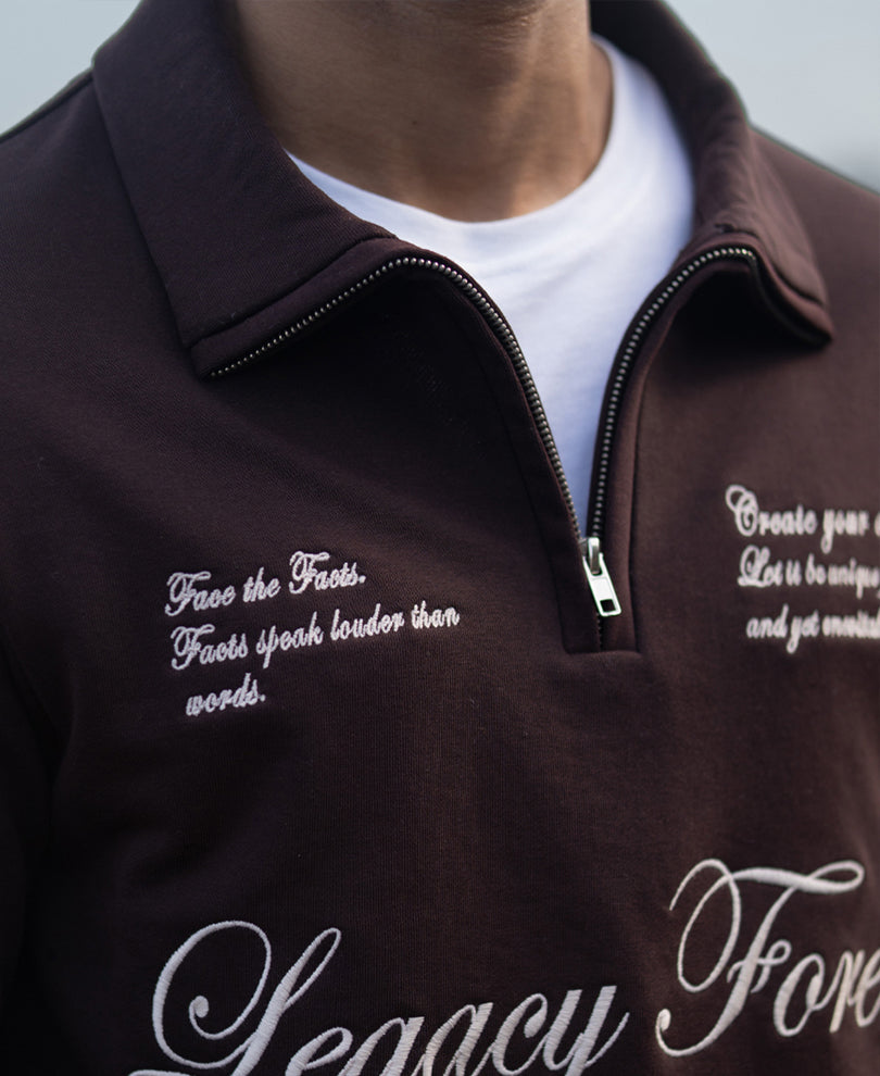 Brown Embroidered Quarter Zip T-Shirt.