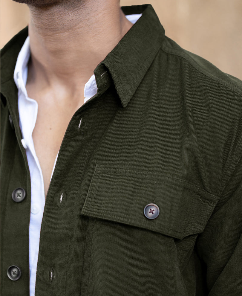Olive Corduroy Shirt With Pockets.