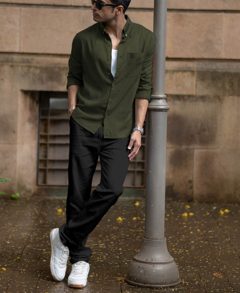 Olive Linen Blend Shirt.