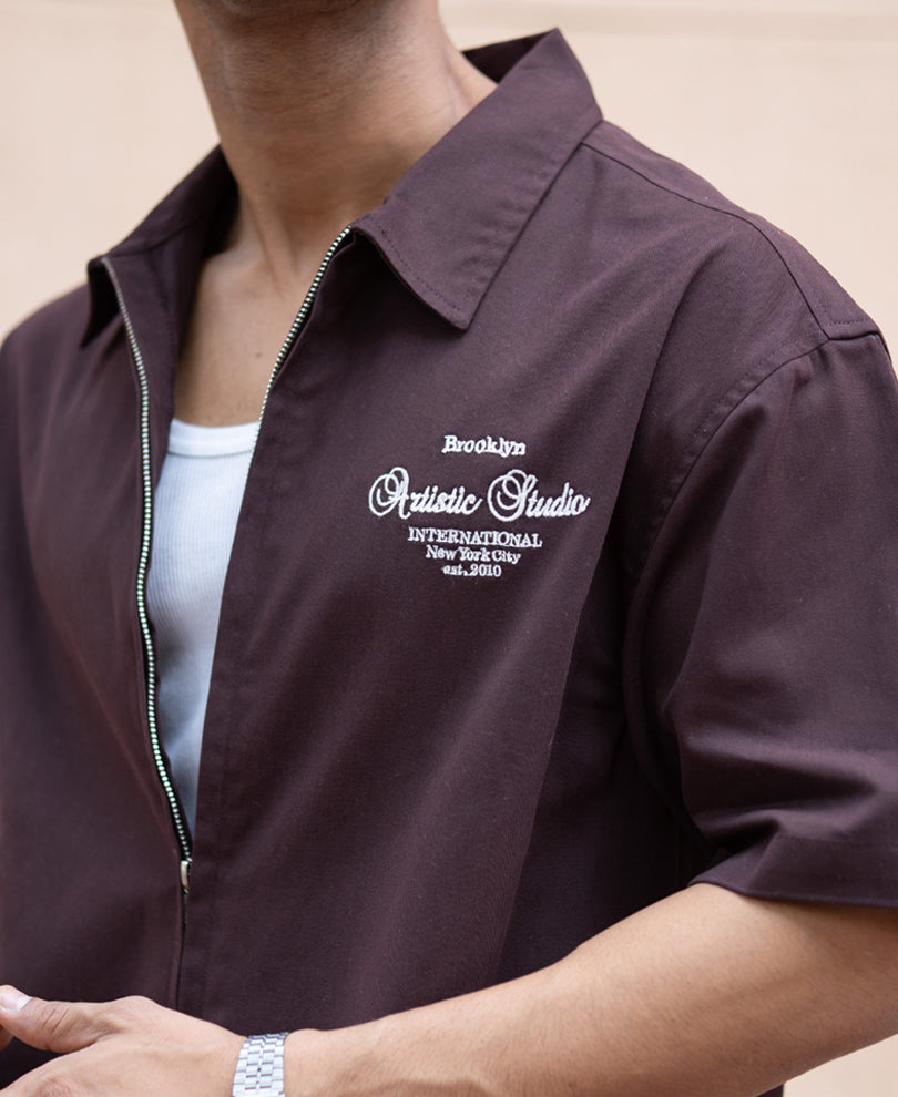 Brown Embroidered Boxy Shirt.