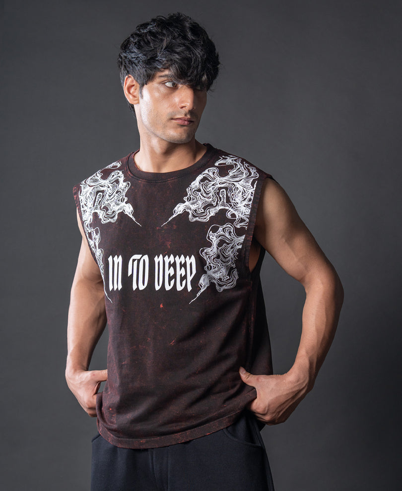 Washed Brown Printed Drop Shoulder Sando.