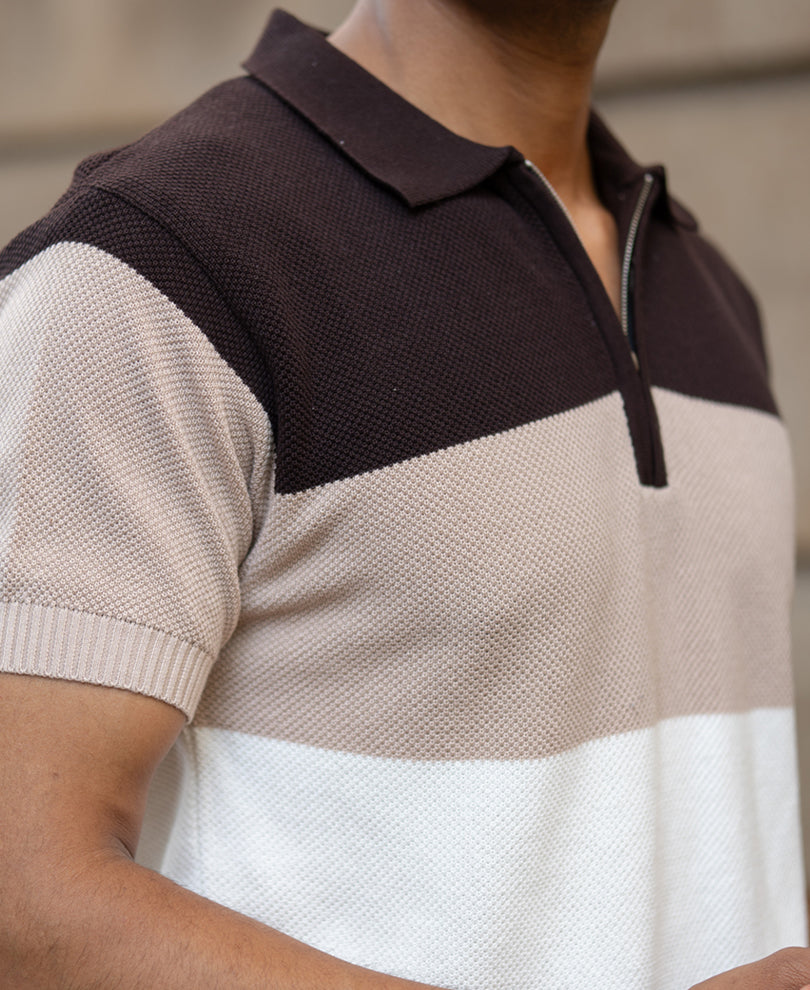 Beige & Brown Knit Stripe T-Shirt.