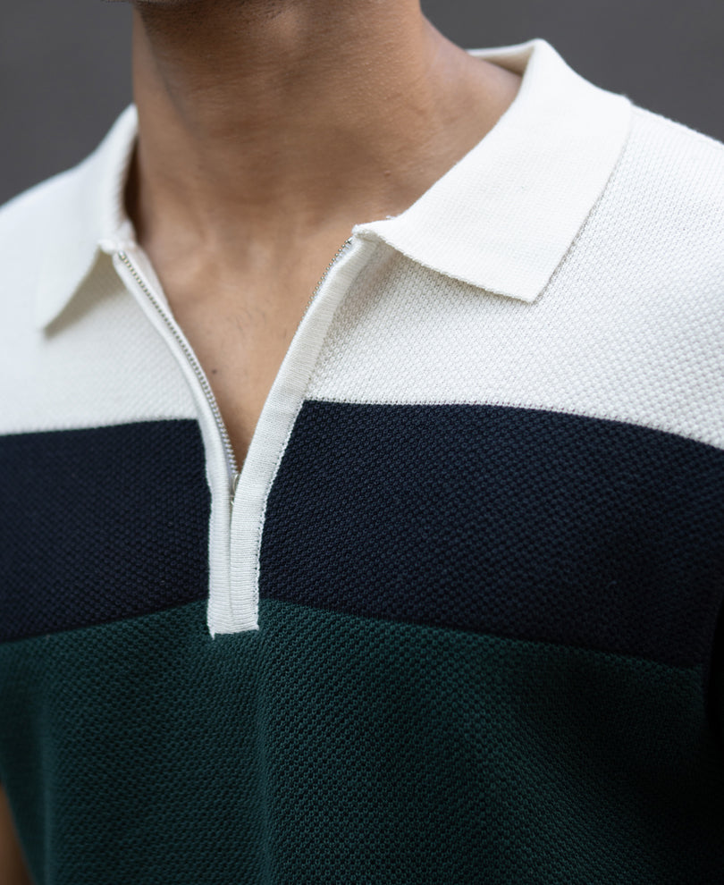 Olive & Navy Knit Stripe T-Shirt.