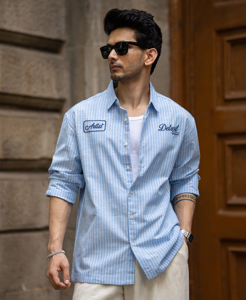 Blue Embroidered Stripe Shirt 100% Cotton