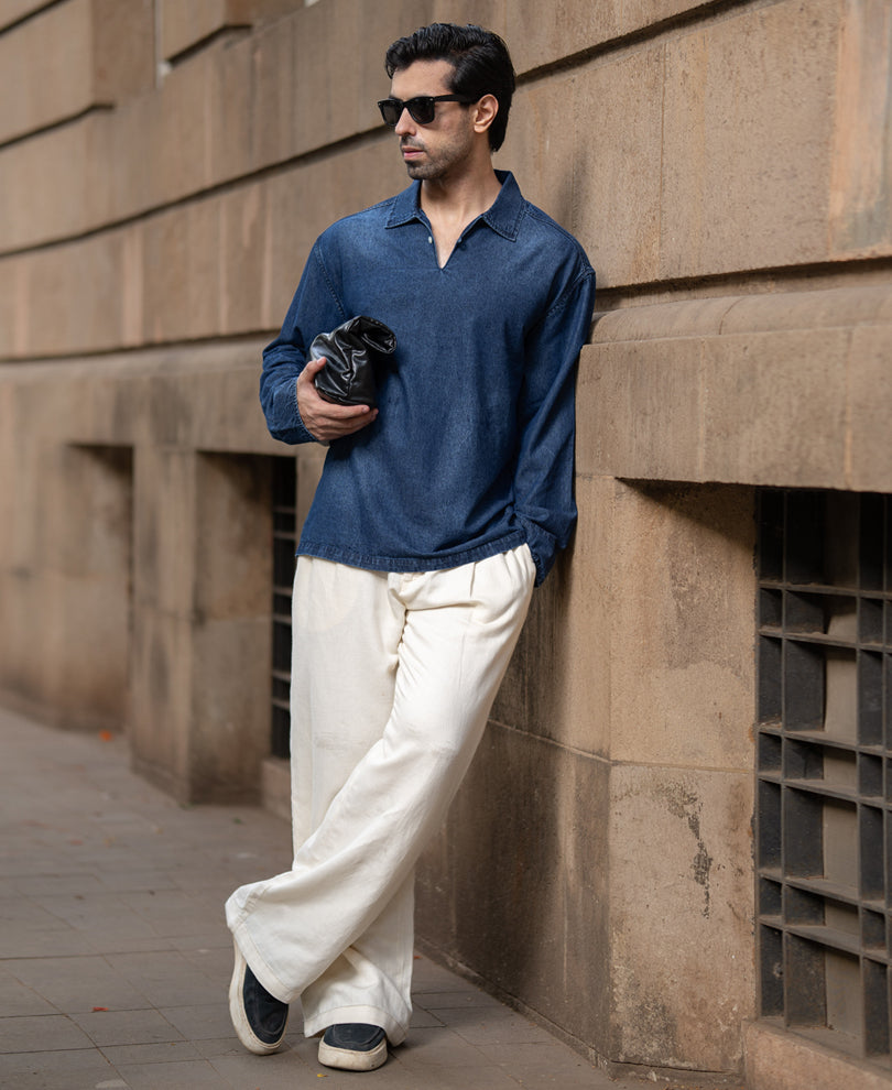 Dark Blue Washed Denim Kurta Shirt
