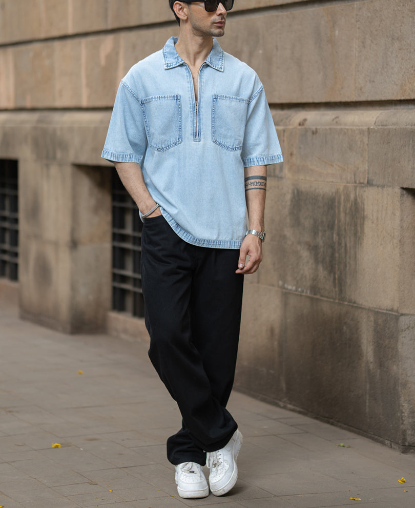Washed Blue Boxy Fit Kurta Shirt.