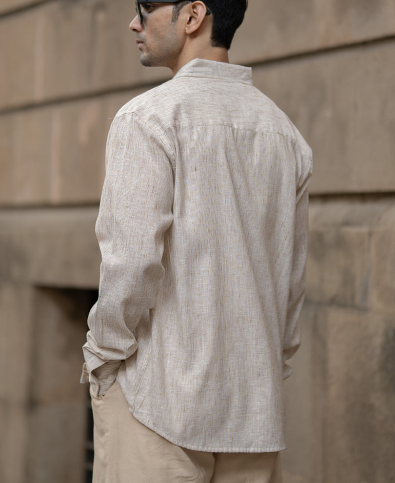 Beige Slub Stripe Shirt.