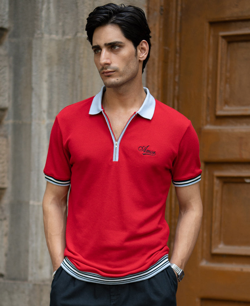 Red Structure Knit Polo T-Shirt