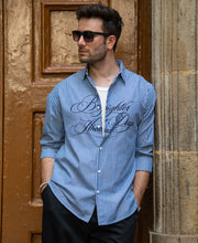 Blue Calligraphy Printed Striped Shirt 100% Cotton