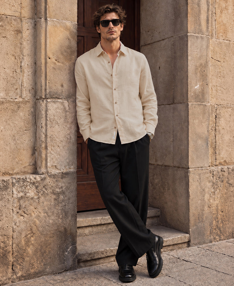 Beige 100% Linen Premium Regular Fit Shirt