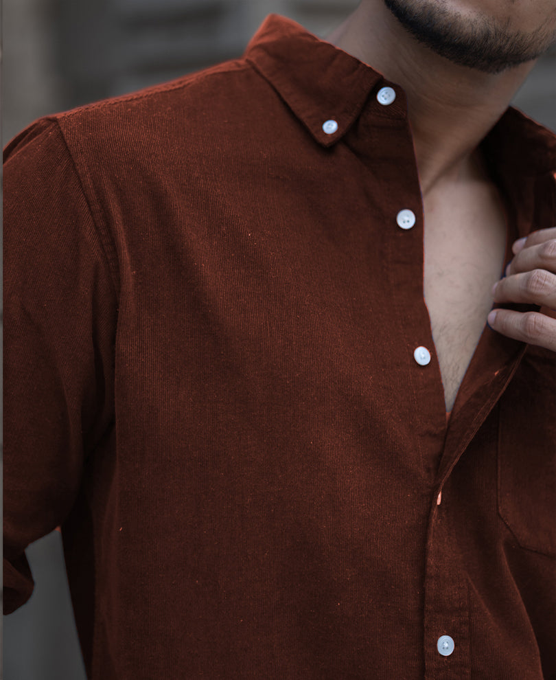 Brown Corduroy Regular Fit Full Sleeves Shirt.