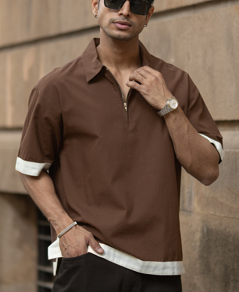 Dark Brown Boxy Fit Zipper Shirt.