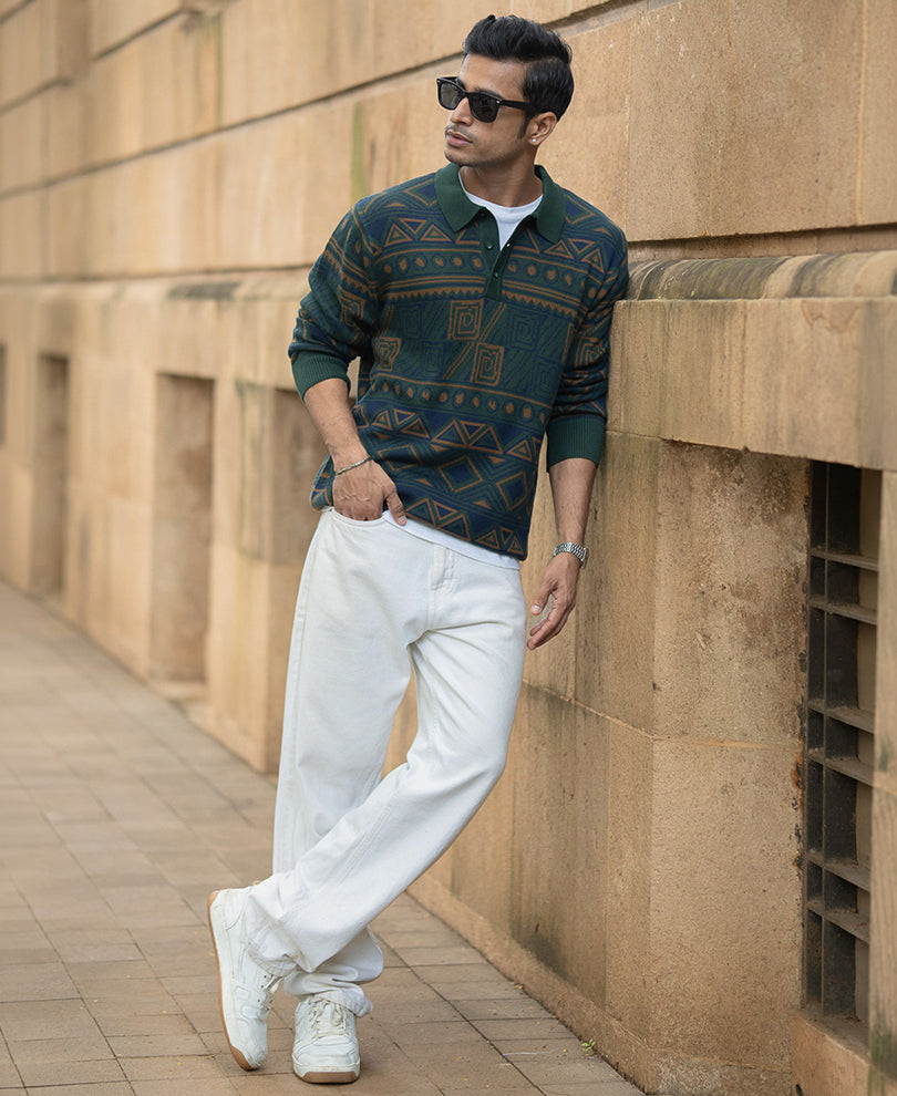 Multicolour Geometric Jacquard Knit T-Shirt 100% Cotton