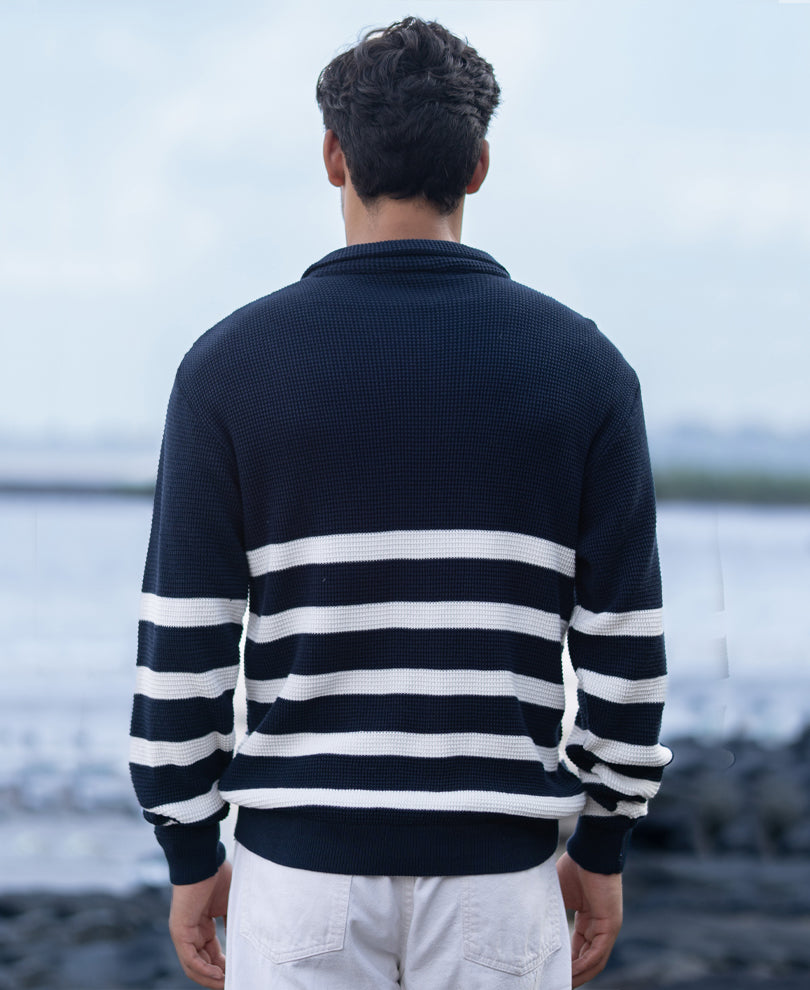 Navy Striped Zipper Neck T-Shirt.