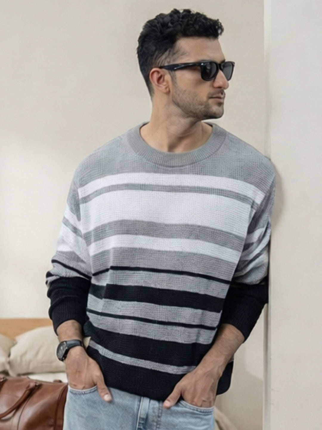 Grey And Black Structured Striped T-Shirt.