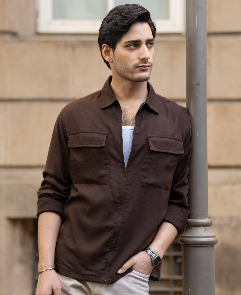 Coffee Brown Linen Blend Zipper Shirt.
