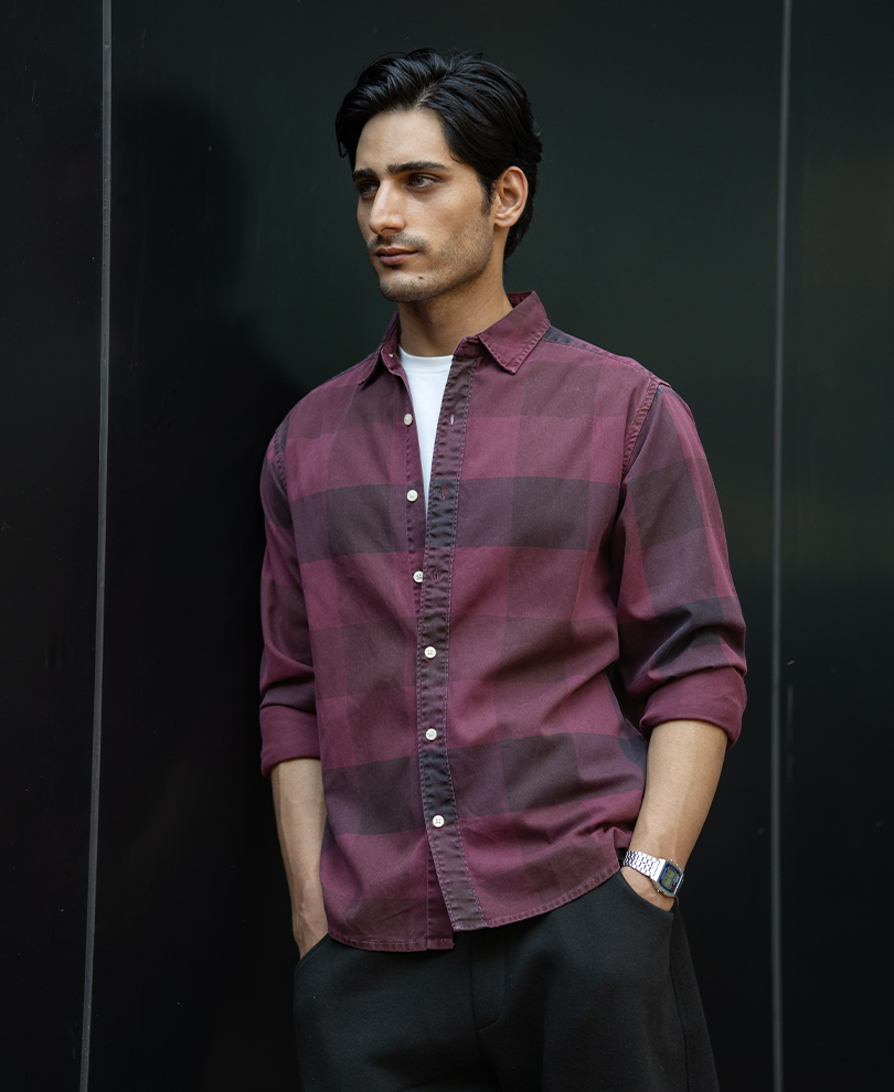 Burgendy Overdyed Checks Shirt