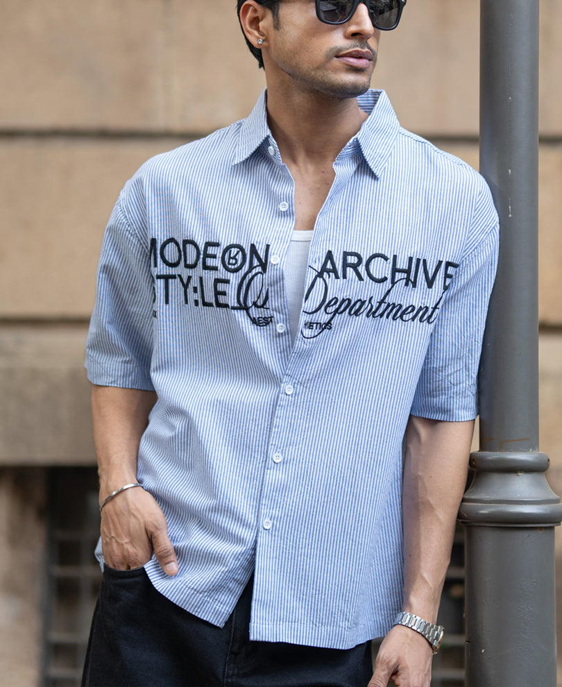 Sky Blue Stripe Embroidered Shirt.