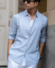Blue Cotton Oxford Stripe Shirt.