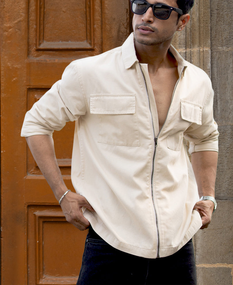 Light Beige Structured Zipper Overshirt.