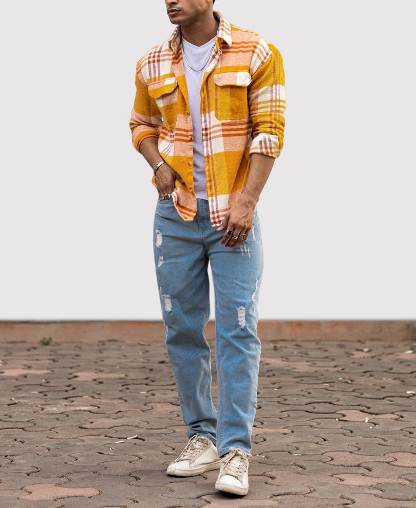 Mustard Pocket Checks Oversize Drop Shoulder Shirt.