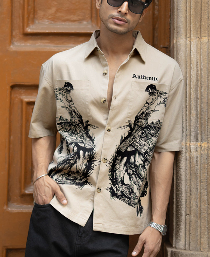 Beige Cowboy Print Boxy Shirt.