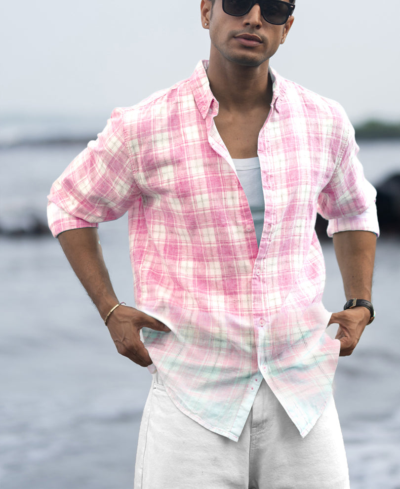 Pink Light Weight Ombre Checks Shirt.