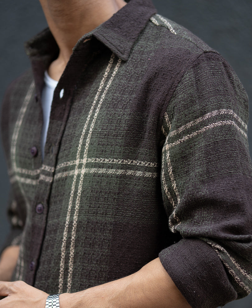 Dark Olive Structured Checks Shirt.