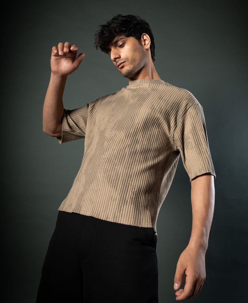 Beige Printed Structure Stripe T-Shirt.