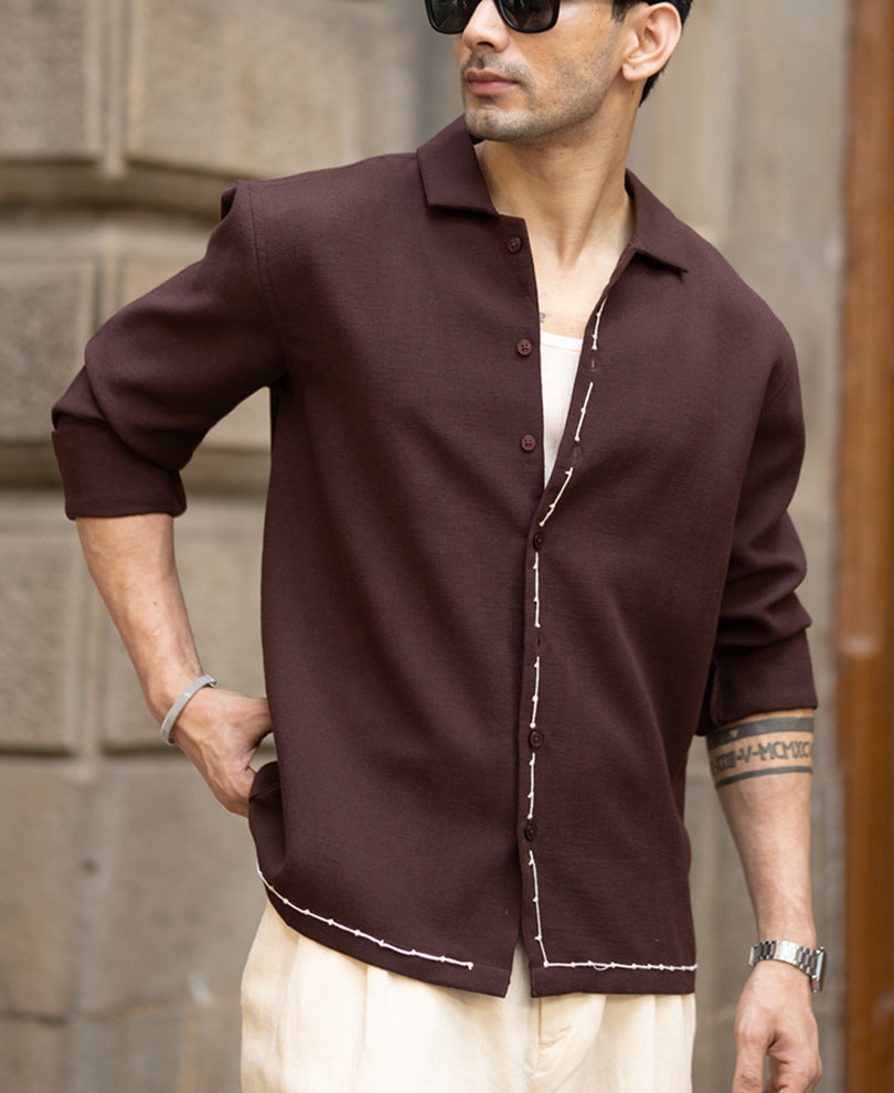 Coffee Brown Hand Embroidery Shirt