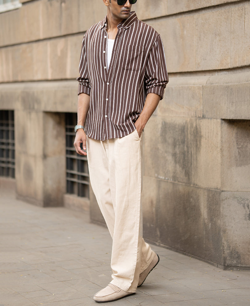 Brown Linen Blend Stripe Shirt.