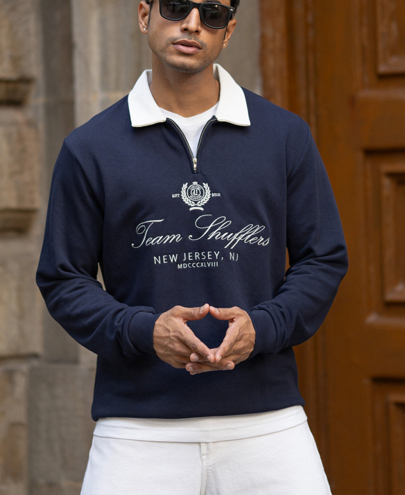 Navy Contrast Collar Embroidered T-Shirt.