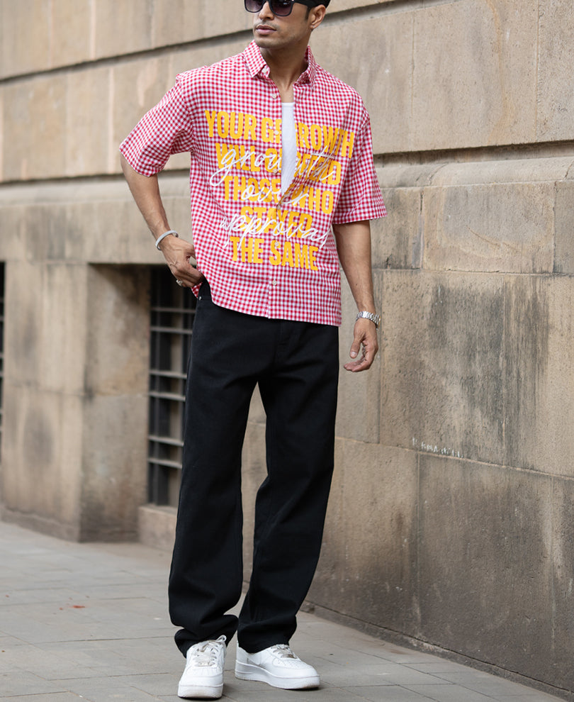 Red Micro Checks Printed Boxy Shirt.