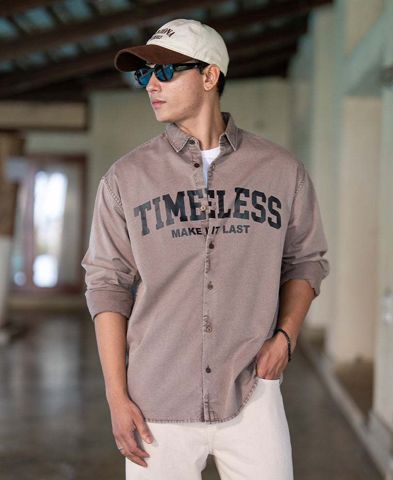Light Brown Washed Printed Shirt 100% Cotton