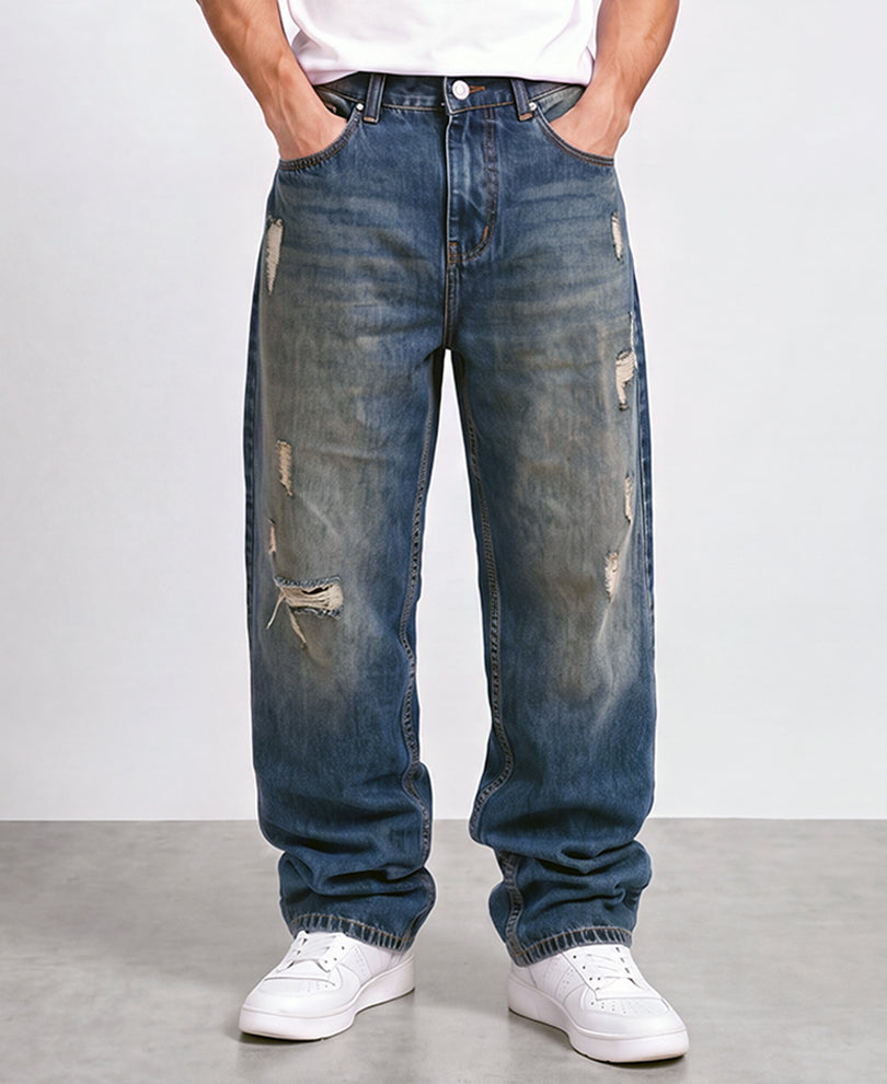 Dark Blue Baggy Distressed Jeans