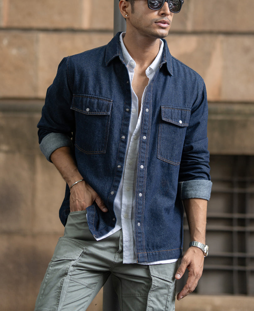 Indigo Denim Overshirt With Pockets.