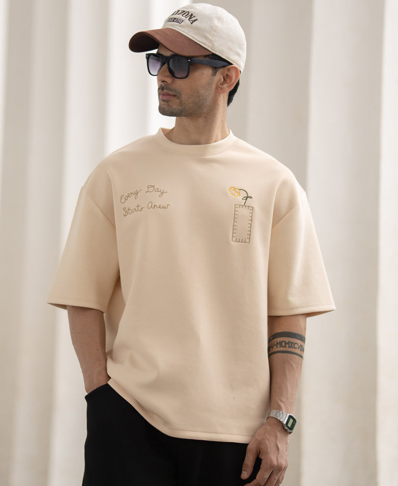 Cream Sun Patch Embroidered T-Shirt