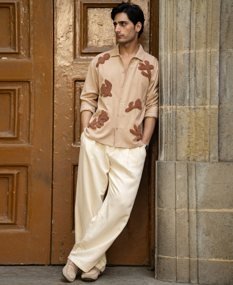 Beige Corduroy Embroidered Shirt 100% Cotton
