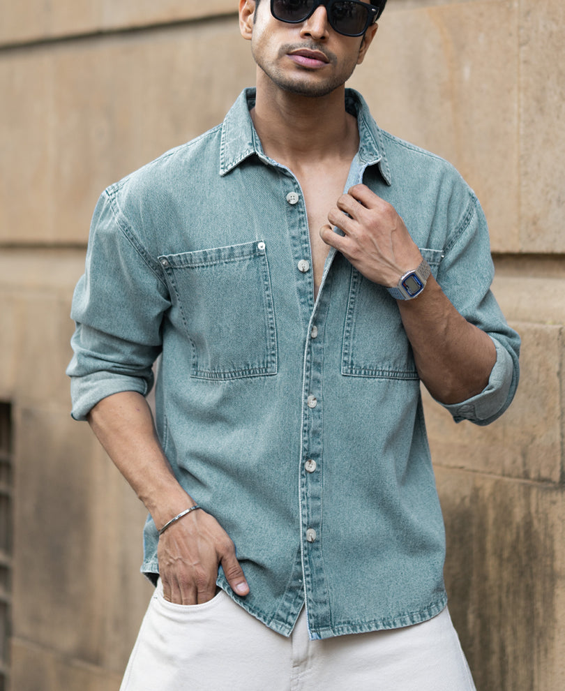 Mid Blue Washed Denim Shirt.