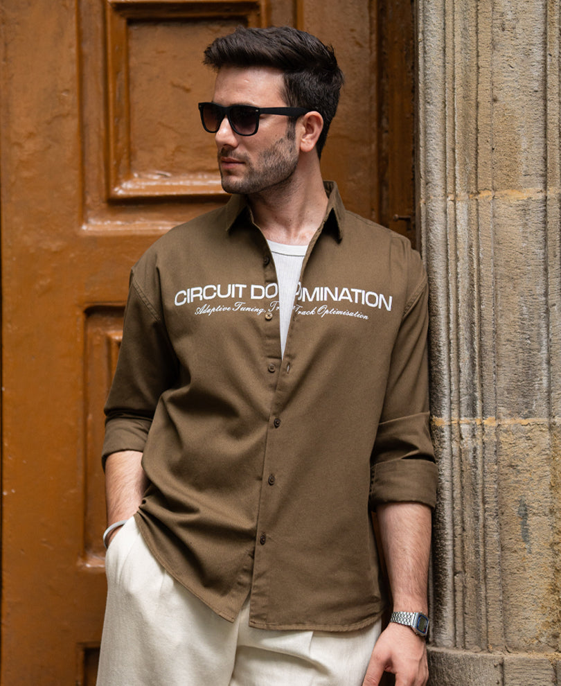 Brown Printed Structured Overshirt 100% Cotton